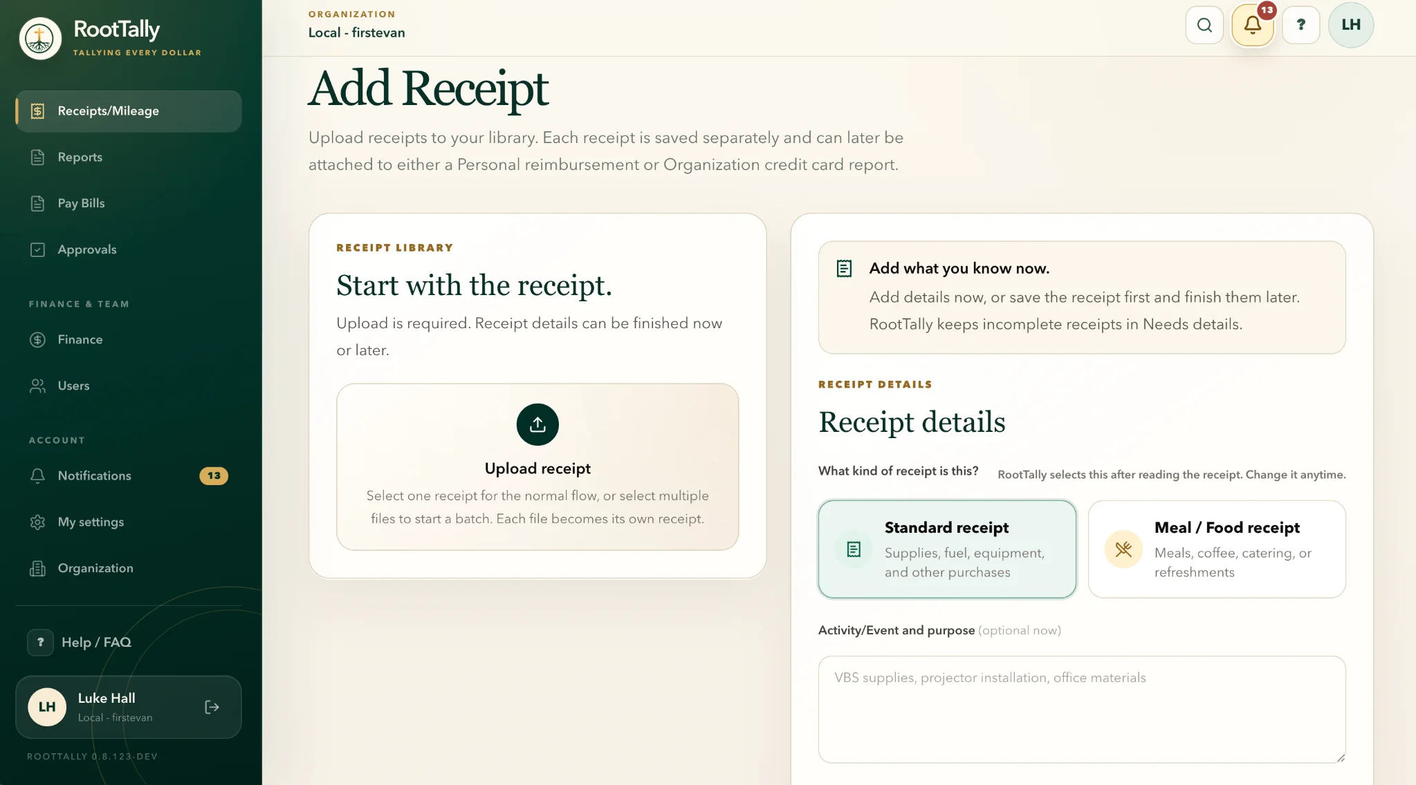RootTally Add Receipt screen