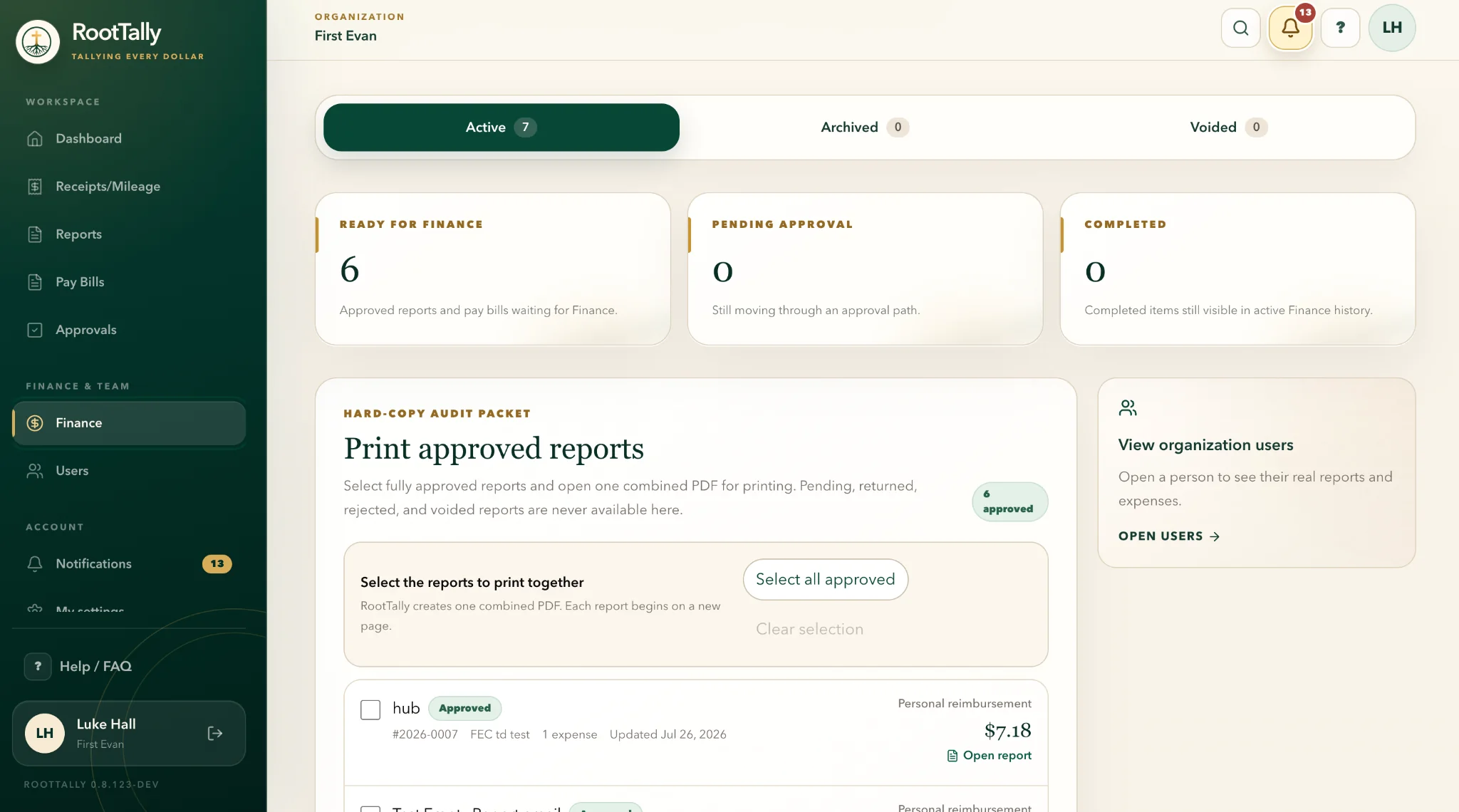 RootTally Finance screen showing approved reports ready to process and print