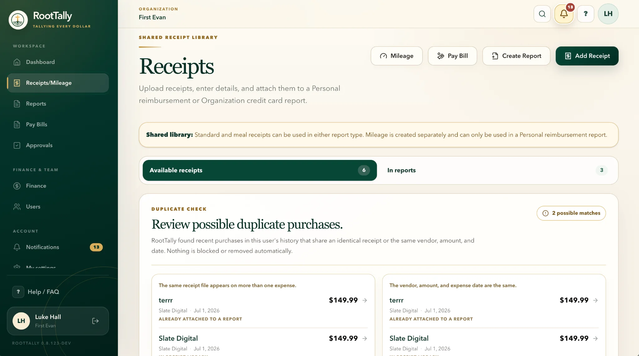 RootTally receipt library and duplicate review screen