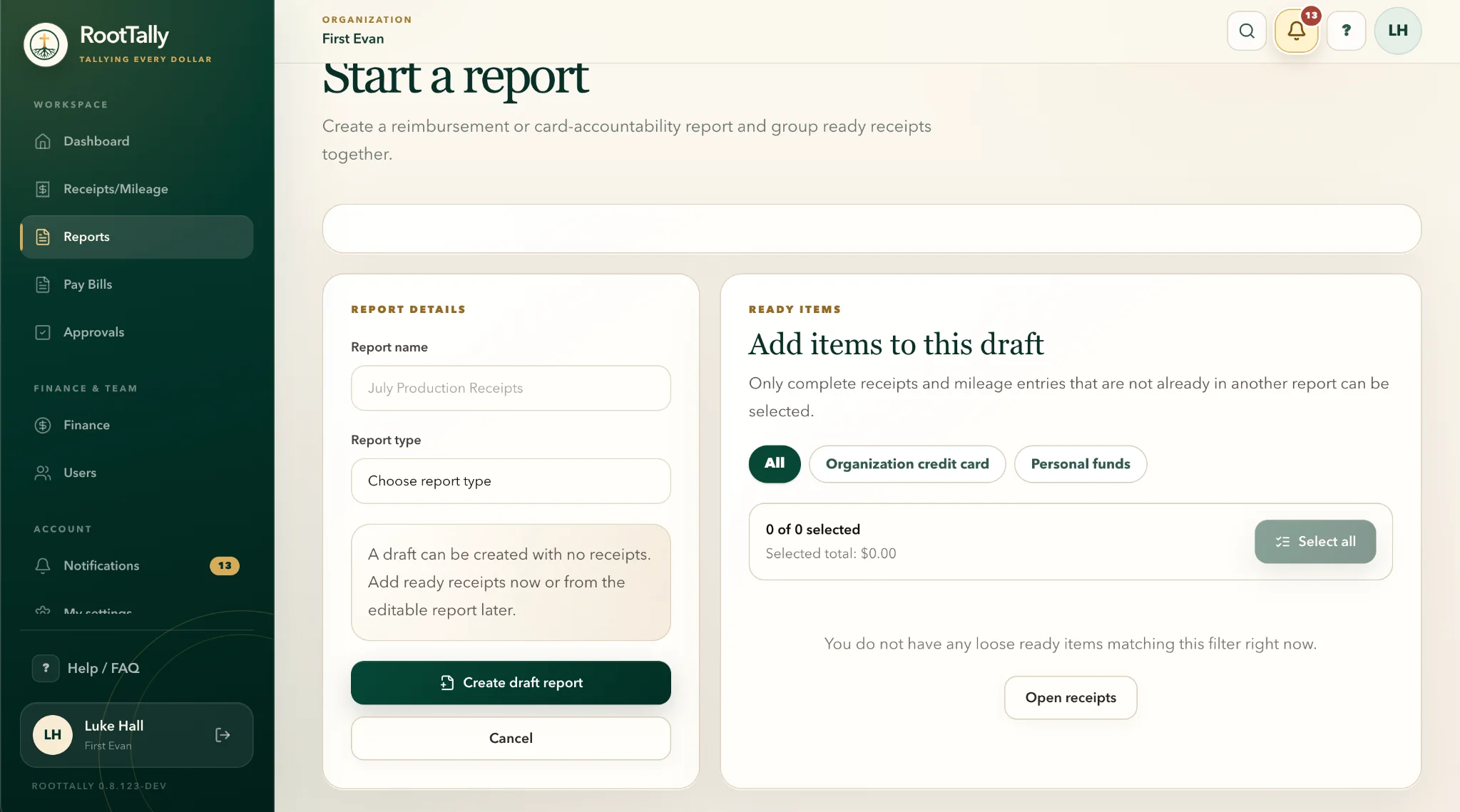 RootTally Start a Report screen